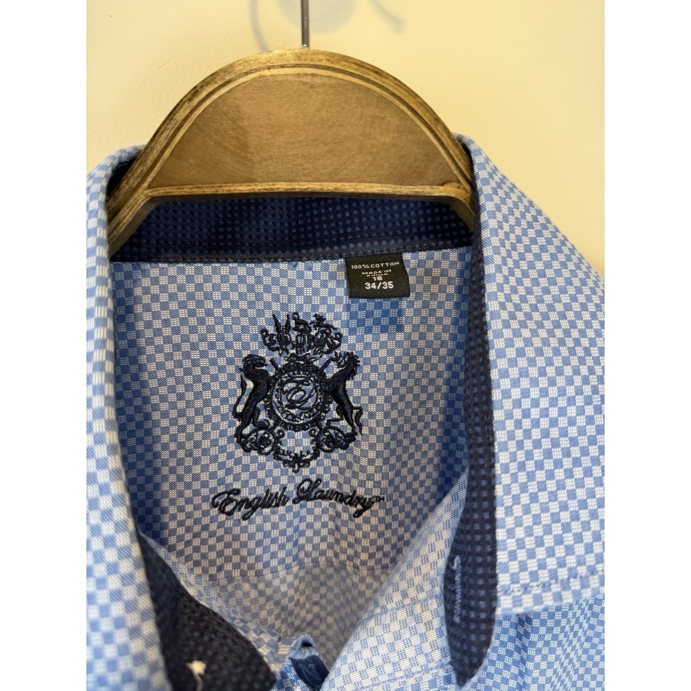 English Laundry Mens Size 16 34/35 Blue Gingham Dress Shirt Long Sleeves - Picture 3 of 11